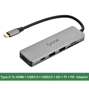 6 in 1 Type-C To HDMI + USB3.0 + USB2.0 + SD + TF + PD Adapter / Hub